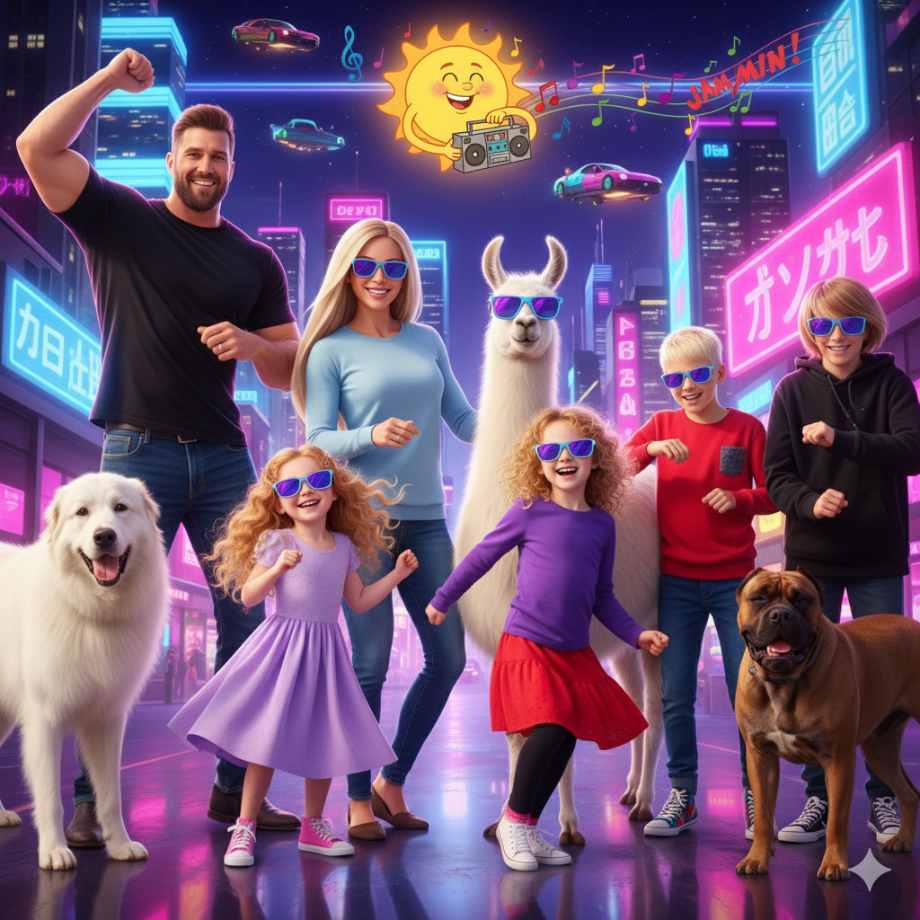 Family and Llamas dancing with futuristic city background